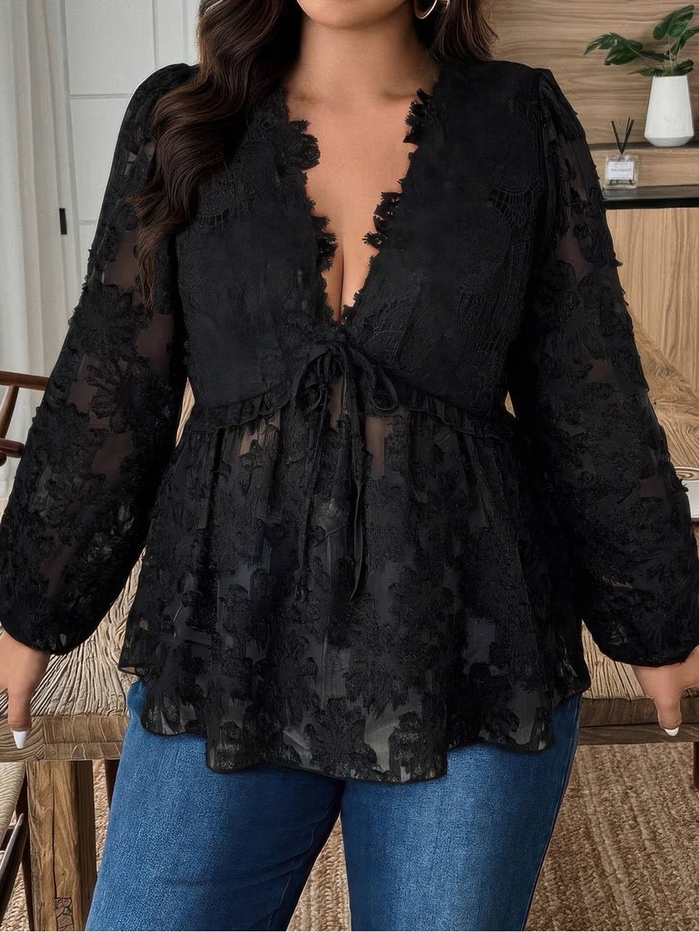 Deep V Curve Contrast Lace Top
